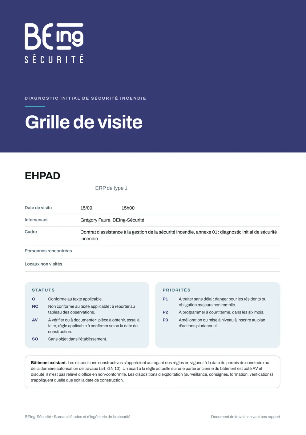 Page de garde d’une grille de visite de diagnostic initial de sécurité incendie : statuts de conformité C, NC, AV, SO et priorités P1 à P3