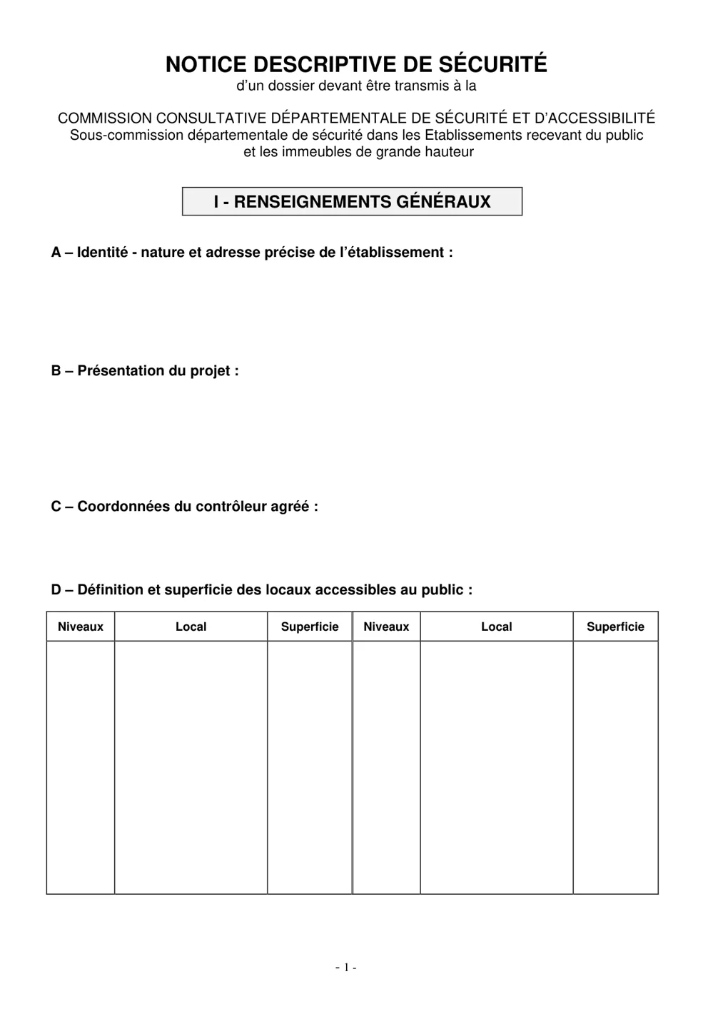 Première page vierge d’une notice descriptive de sécurité destinée à la sous-commission départementale de sécurité : renseignements généraux, présentation du projet, superficie des locaux