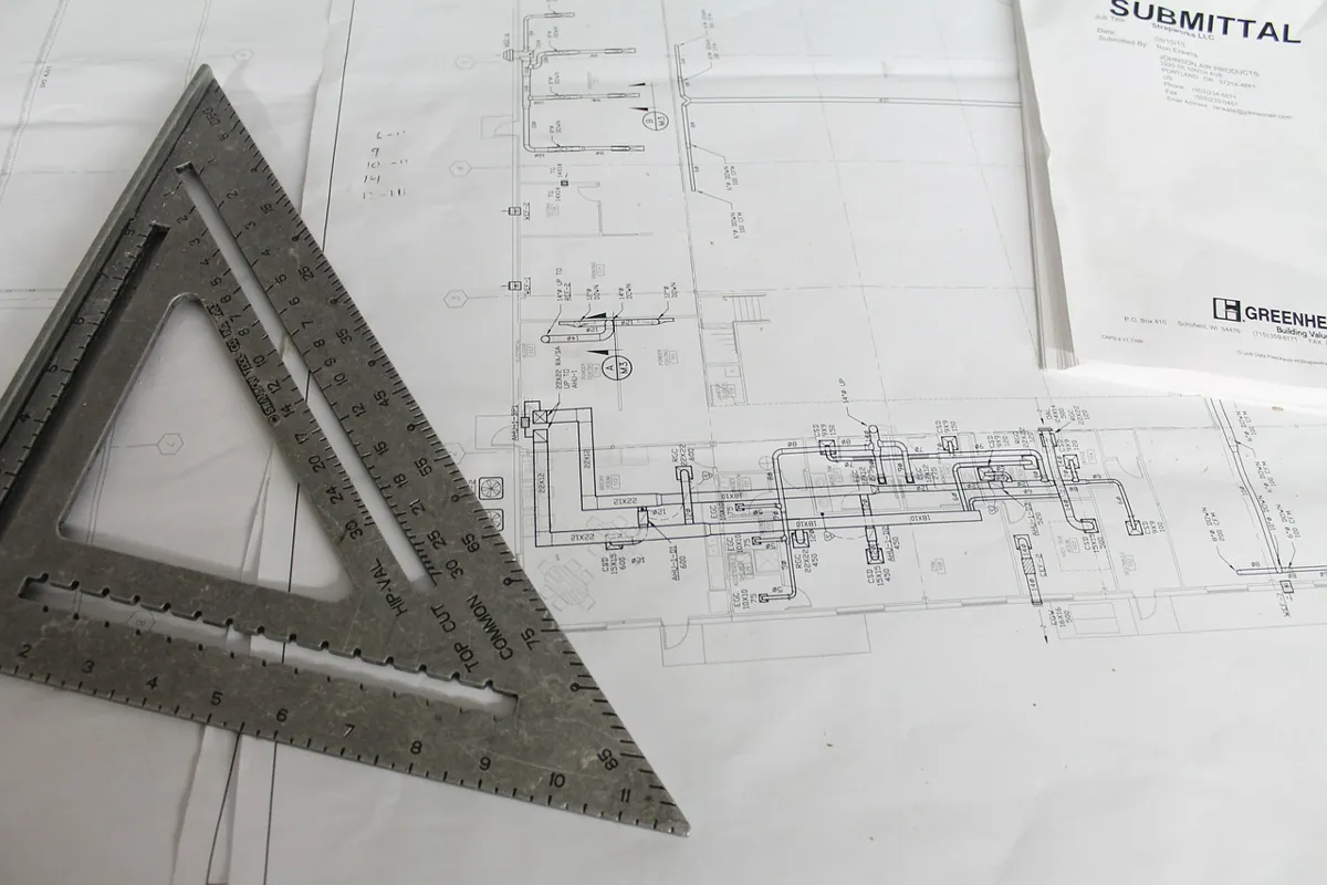 Plans techniques de réseaux annotés, une équerre posée dessus