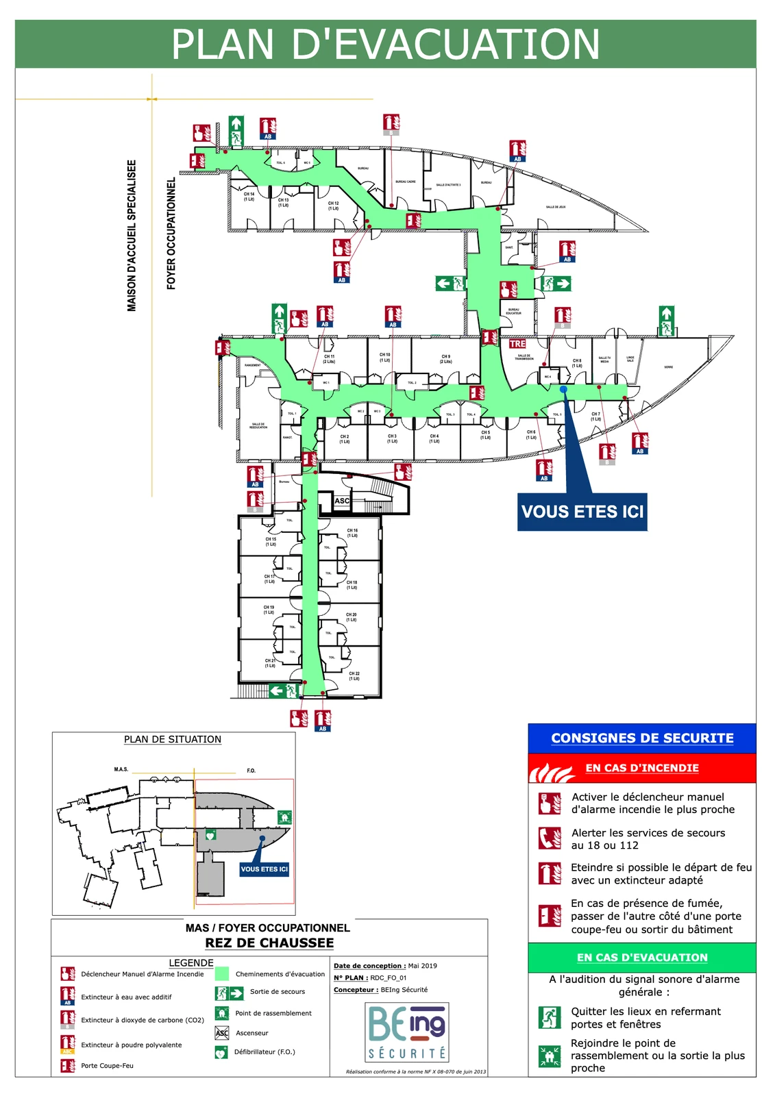 Plan d’évacuation d’un niveau de MAS et foyer occupationnel : cheminements d’évacuation, sorties de secours, moyens de secours et consignes de sécurité