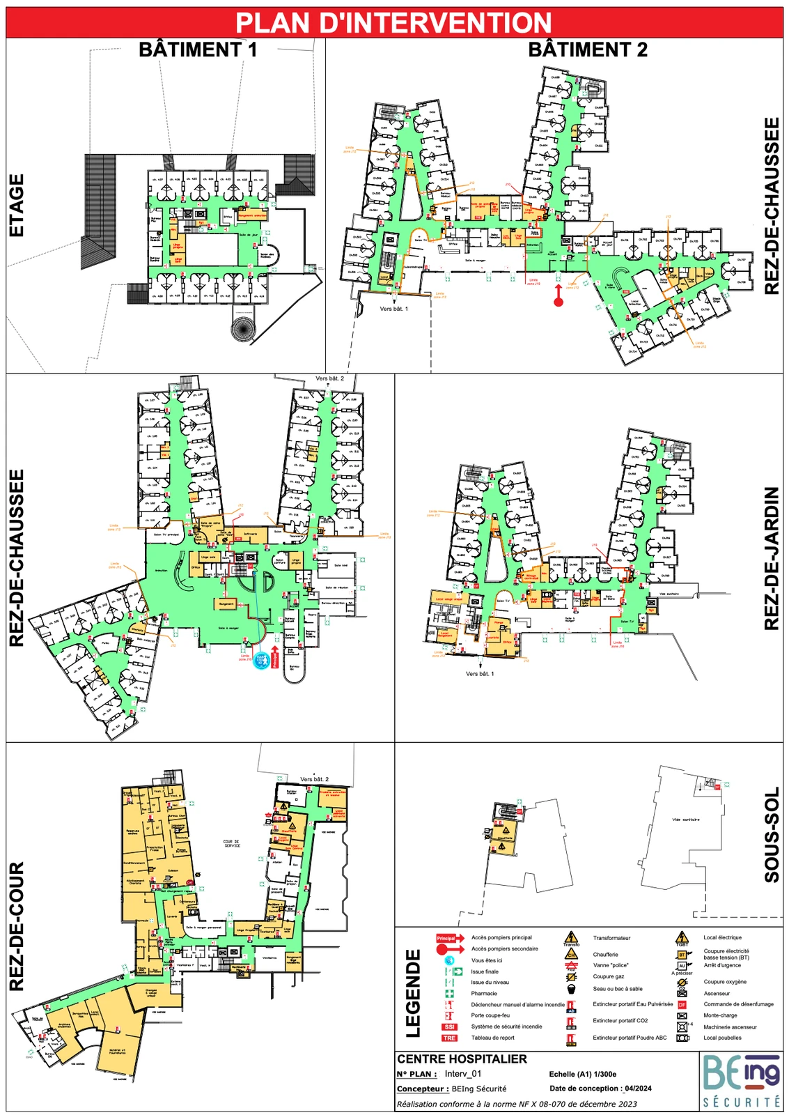 Plan d’intervention d’un centre hospitalier sur deux bâtiments : cinq niveaux, accès pompiers, coupures des énergies et légende normalisée