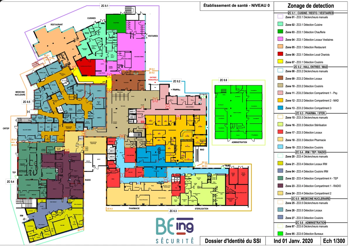 Plan de zonage de détection d’un niveau, extrait d’un dossier d’identité SSI : zones de compartimentage et légende des zones de détection